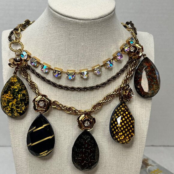 Betsey Johnson Gold-Tone Layered Necklace With Rose Accents Rhinestones - Picture 2 of 4